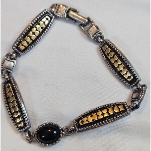 Vintage Silver and Gold Tone Link Bracelet with Black Cabochon Stone 7.5 Inch